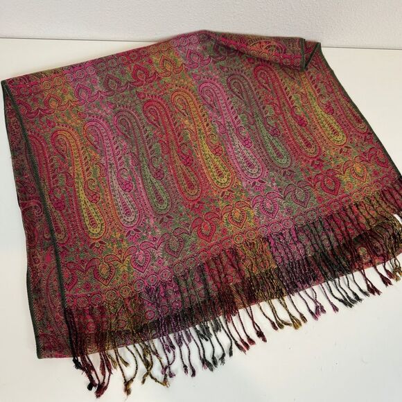 Paisley Pashmina Fringe Scarf Shawl Pink Green - Picture 1 of 5
